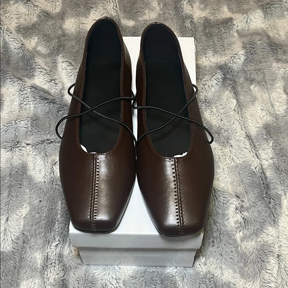 Brown Square-Toe Crisscross Strap Flats - Picture 3 of 17